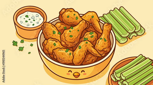 Charming illustration of a delightful snack crispy golden fried chicken wings in a cute bowl, with fresh green celery sticks and a creamy dipping sauce, perfect for sharing