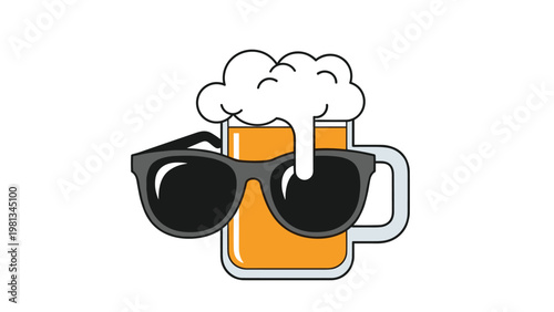 Fun illustration of a full mug of beer with white foam wearing black sunglasses isolated on a white background.
