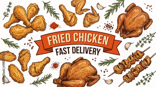 Delicious hand-drawn fried chicken assortment with aromatic herbs and spices, perfect for fast food delivery concepts and restaurant menus