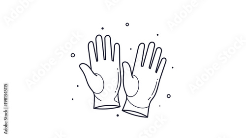 Simple line drawing of a pair of protective gloves surrounded by small dots representing dust or particles.