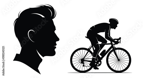 A striking black silhouette depicts a cyclist in motion alongside a male profile portrait
