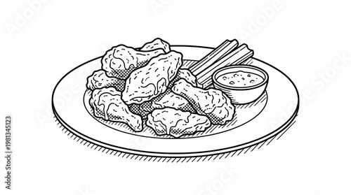 Artistic monochrome drawing showcasing a generous serving of succulent fried chicken pieces, complemented by crunchy vegetable crudités and a side of creamy dip, perfect for a classic pub style meal