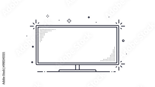 Modern line icon of a widescreen computer monitor or television screen with decorative sparkles and dots.