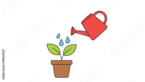Colorful illustration of a red watering can pouring blue droplets onto a young green plant in a brown pot.