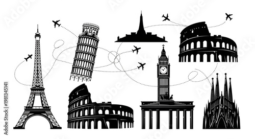 Famous Landmarks Silhouette Collection Travel Icons.