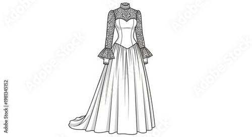 Elegant Victorian Wedding Dress Sketch with Lace Details.
