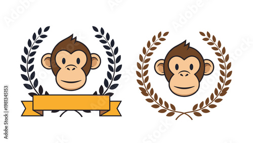 Two variations of a monkey face logo, one framed by a laurel wreath and ribbon, and another within a simple wreath.