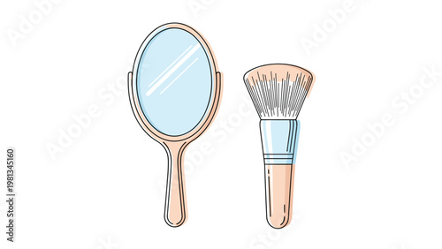 Illustration of a hand-held oval mirror and a large fluffy makeup brush in soft pastel colors.