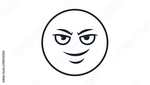 Minimalist black and white line drawing of a round face featuring a smirking or mischievous and sly expression.