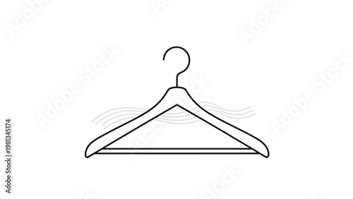 Simple black and white line icon of a wooden or plastic clothes hanger with decorative wavy lines above it.