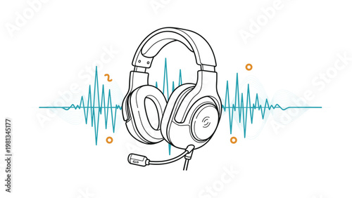 Detailed line drawing of gaming headphones with a microphone set against a teal and gold sound wave background.
