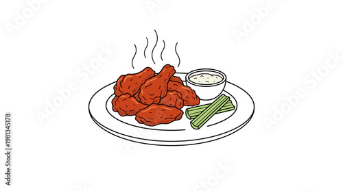 Delicious plate of freshly cooked, spicy chicken wings served with a creamy dipping sauce and crisp celery sticks, perfect for a casual meal or appetizer
