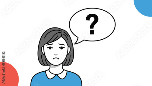 Concerned woman looking confused and thoughtful with a large question mark in a speech bubble above her head on a simple background.