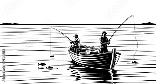 Two men fishing from a boat on the water.