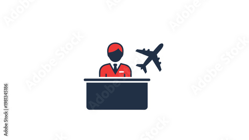 Professional airport staff member sitting at a check-in desk next to a silhouette of a flying airplane icon.