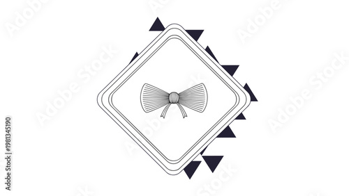 Stylized bow tie icon placed inside a geometric diamond frame with decorative triangular elements on the edges.