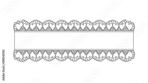 Elegant white horizontal lace border frame decorated with a repetitive delicate heart pattern for romantic design.