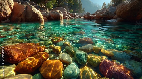 Crystal clear shallow stream with smooth multicolored river stones wallpapers
