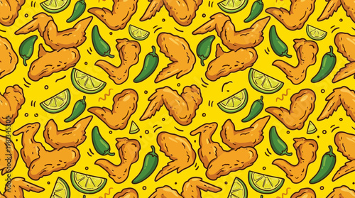 Vibrant Hand-Drawn Seamless Pattern Featuring Spicy Fried Chicken Wings, Fresh Lime Slices, and Zesty Green Chili Peppers on a Bright Yellow Background
