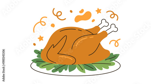 Festive roasted poultry illustration on a platter with greens and confetti, ideal for holiday meals, family gatherings, and special occasion celebrations. A vector graphic