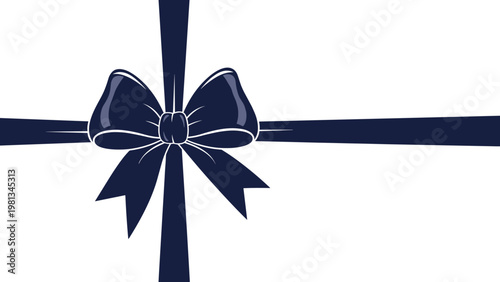Close up of a large dark blue ribbon and bow on a white background like a gift box wrapping for celebrations.