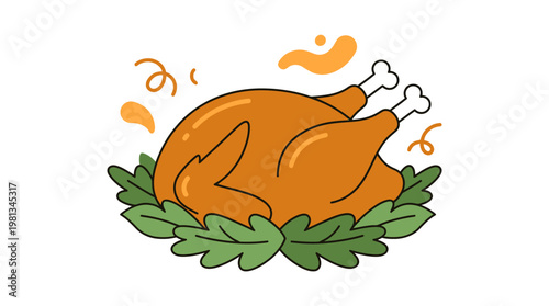 Festive Roasted Poultry Dinner Illustration with Green Garnish for Holiday Celebrations and Autumn Feasts