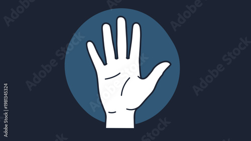 Human hand gesture icon showing an open palm inside a circular frame representing a stop sign or greeting signal in flat style.