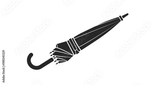 Black silhouette of a closed umbrella angled diagonally against a white background representing rain protection and weather gear.