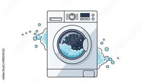 Front-loading white washing machine appliance surrounded by soap suds and blue bubbles representing clean laundry and hygiene.
