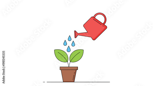 Red watering can pouring blue water droplets over a young green plant in a brown pot symbolizing growth and garden care.
