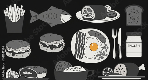 Collection of delicious food items and meals illustration.