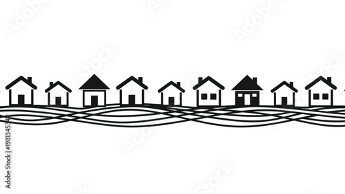 Continuous row of simple black house icons situated on multiple wavy lines representing a neighborhood or community development.