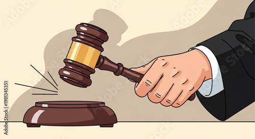 Judge Hand Holding Gavel Striking Sound Block.