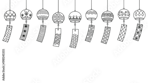 Row of nine traditional Japanese wind bells with decorative glass bowls and hanging paper strips in a line art style.