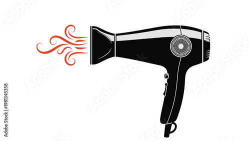 Professional black hair dryer blowing waves of hot air shown in orange lines representing beauty salon styling and grooming.