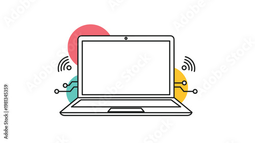 Line art illustration of an open laptop computer with integrated circuit patterns and wifi signals suggesting technology.