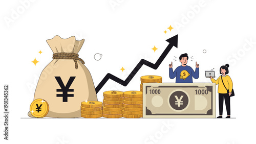 Financial prosperity concept featuring money bags, stacks of coins, yen notes, and a business couple managing investments.