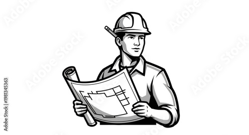 Construction worker in hard hat holding blueprints plans.