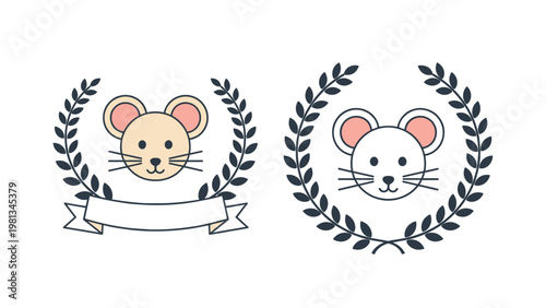 Two adorable mouse face illustrations, one tan and one white, framed by dark blue laurel wreaths and a white banner.