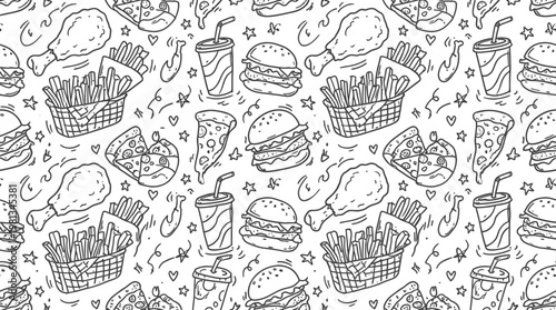 Monochrome hand-drawn seamless fast food pattern featuring burgers, fries, pizza slices, chicken drumsticks, and beverages, ideal for restaurant menus, packaging, and branding
