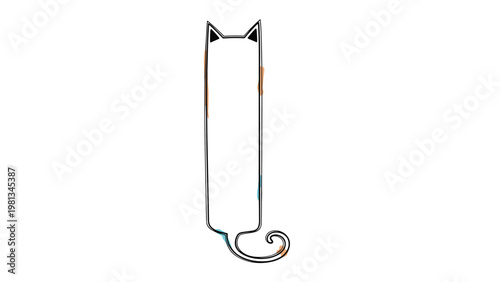 Artistic and minimalist line drawing of an exceptionally tall and slender cat seen from the back with a curled tail.