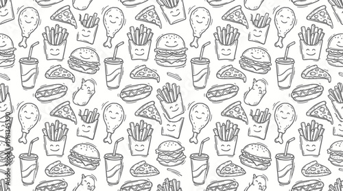 Whimsical Doodle Style Seamless Pattern Showcasing a Variety of Popular Fast Food Delights Including Mouthwatering Burgers, Golden Fries, Pizza Slices, and Crispy Chicken Legs on a White Background