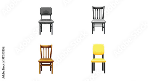 Four distinct chairs are displayed black gray wooden and yellow arranged in a grid pattern