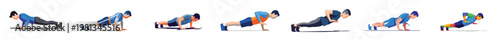 Flat vector artwork depicting someone working out at home  push-ups, with a dynamic stance, bold forms, restricted colors, minimal shadowing, and a white background.