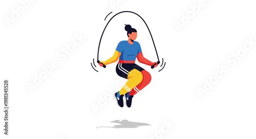 Flat vector illustration of a person doing a home workout such as jump rope shown in a dynamic pose, with bold shapes, a limited color palette, minimal shading, and a white background.