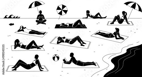 People Relaxing on Beach Towels Under Umbrellas.