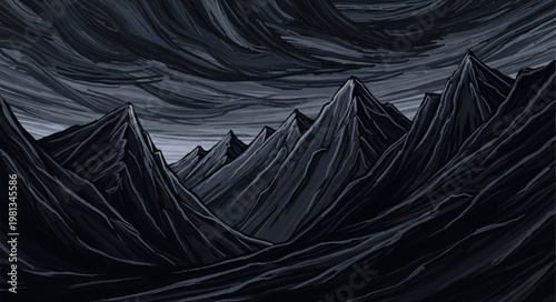Dark Jagged Mountain Peaks Under Stormy Sky.