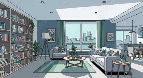 Modern Apartment Living Room with City View and Bookshelf.