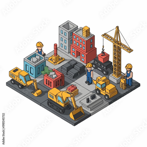 Isometric Construction Site with Buildings and Machinery.