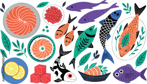 Seamless vector illustration set of a cute cartoon fish pattern featuring marine life and sea shells in an ocean nature design for wallpaper and decoration